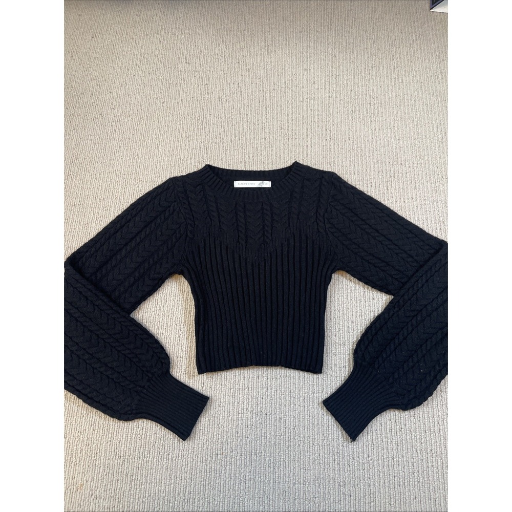 Altar'd State Womens XS Cable Knit Cropped Long Sleeve Sweater Black Stretch